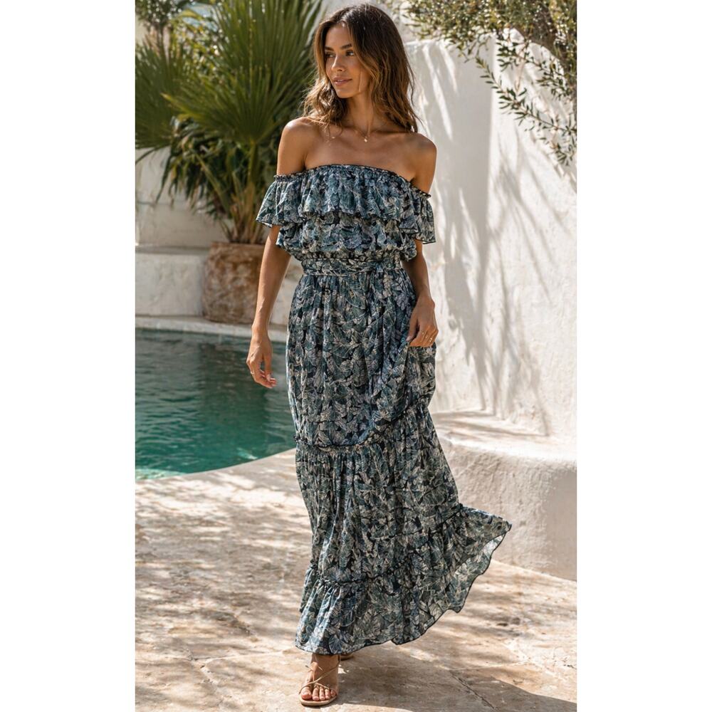 Fresha London Palm Print Maxi Dress Strapless Boho Resort XS